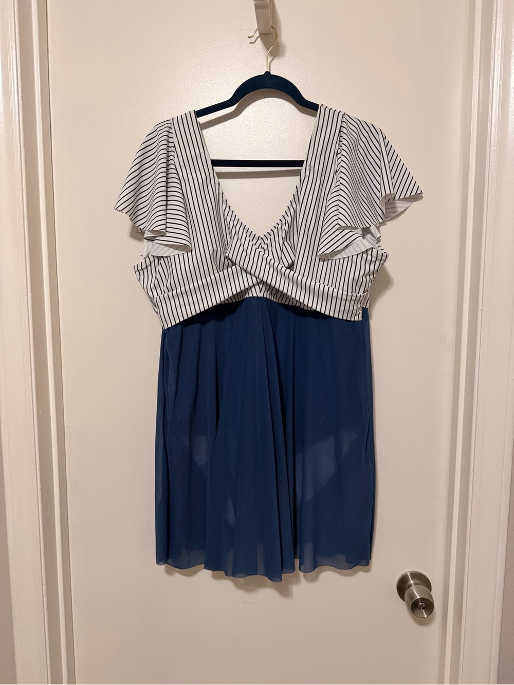 Striped White & Navy Flutter Sleeve Bathing Suit